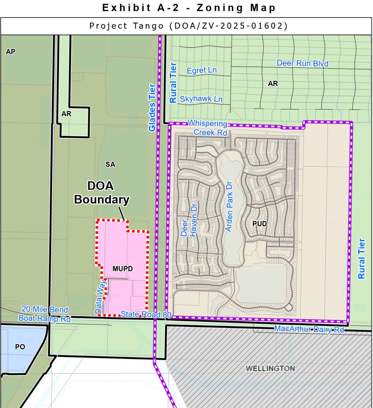 County zoning map showing the Project Tango site outlined in red on State Road 80, with the Arden neighborhood directly to the east.
