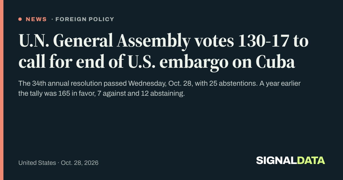 U.N. General Assembly votes 130-17 to call for end of U.S. embargo on ...